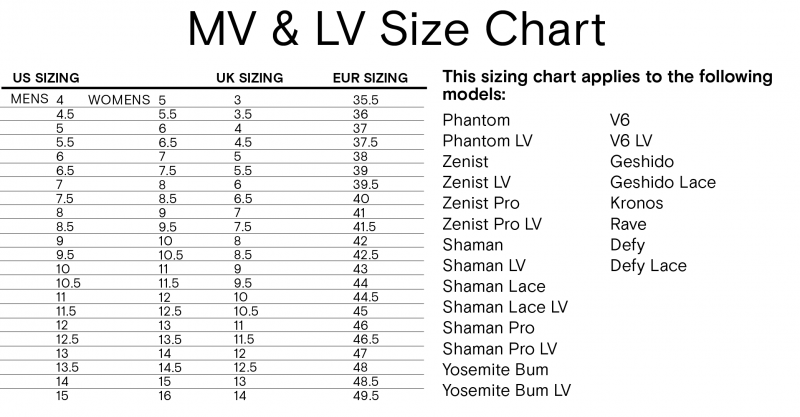 Size Guide for Evolv Climbing Shoes